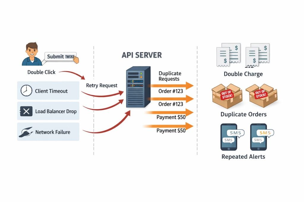 The Real Problem: Duplicate Requests in Distributed Systems (Failure & Retry Flow Diagram)