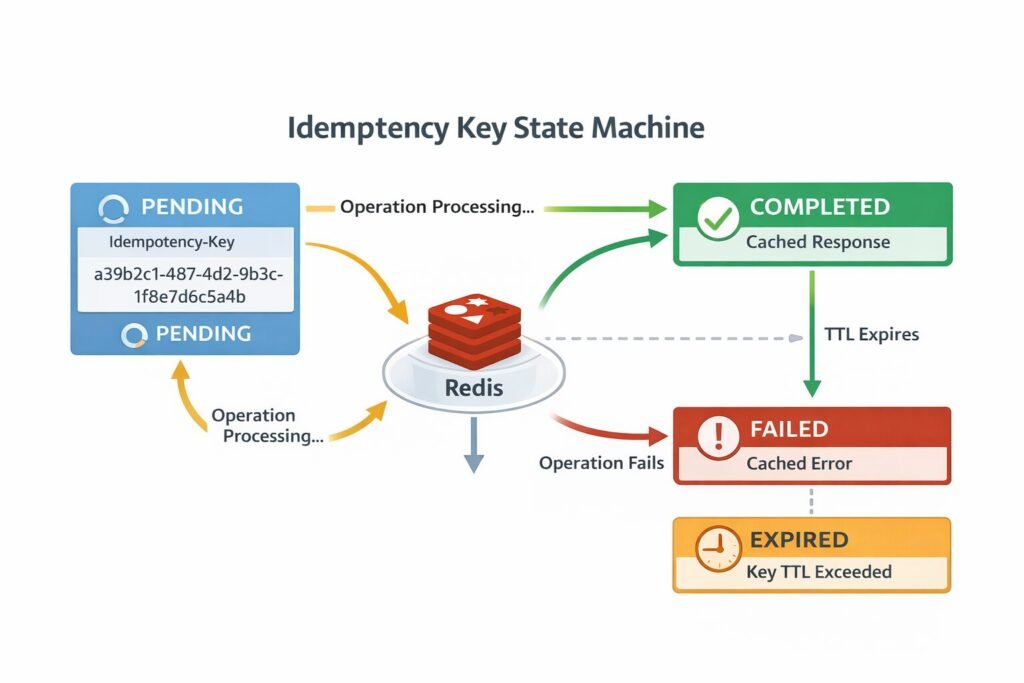 The Idempotency Key State Machine (PENDING → COMPLETED → FAILED → EXPIRED)